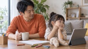 オンライン学習の途中で休憩する幼児と付き添う父親のイメージ（AI生成）