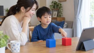 母親の隣で二つの積み木から赤を指さして選ぶ子どものイメージ（AI生成）