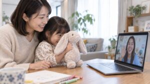 母親と幼児がぬいぐるみをオンラインの先生に見せるイメージ（AI生成）