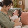 母親が赤ちゃんを抱き歌いかける家庭のイメージ（AI生成）