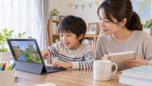 親が英語に自信がなくても子どもが家でマイクラ英語に挑戦している写真