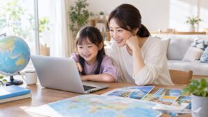 フィリピン親子留学の費用を考えながら家で英語環境を作る親子の写真