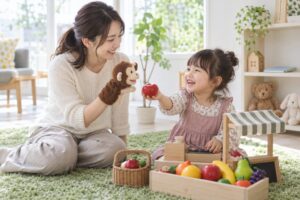 教材を脇に置き、母親と人形のお店屋さんごっこを楽しむ幼児のイメージ