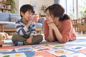 母親と二人でおもちゃのマイクを使って遊ぶ幼児のイメージ