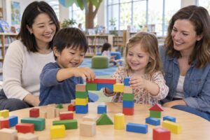 保護者が見守る中、積み木の橋を一緒に作る二人の幼児のイメージ