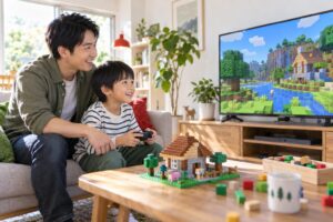 父親がそばで見守り、ブロックの家を作るゲームを楽しむ子どものイメージ