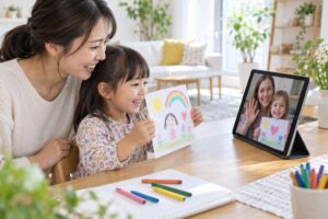 両家庭の保護者が同席し、画面越しに絵を見せ合う幼児のイメージ