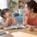 母親と向かい合い、楽しそうに英語の音をまねする幼児のイメージ