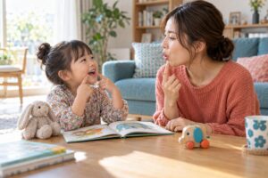 母親と向かい合い、楽しそうに英語の音をまねする幼児のイメージ
