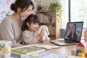 母親の隣でぬいぐるみを持ち、画面の先生に微笑む幼児のイメージ