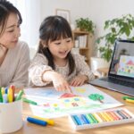 母親の隣でお絵描きをし、画面の先生と絵を見せ合う幼児のイメージ