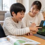 プリスクール卒園後の小学生が家庭で海外の子とオンラインゲームをしながら英語を使う場面