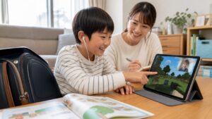プリスクール卒園後の小学生が家庭で海外の子とオンラインゲームをしながら英語を使う場面