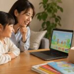 ワールドワイドキッズ終了後に小学生が母親と次の英語環境を考えている場面
