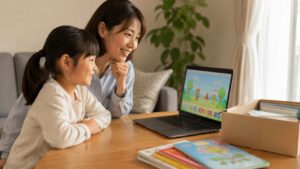 ワールドワイドキッズ終了後に小学生が母親と次の英語環境を考えている場面