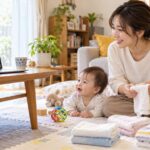 赤ちゃんのすぐ隣でタオルをたたみながらオンラインの先生を見る母親のイメージ（AI生成）