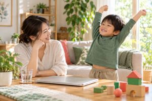閉じたパソコンから離れて母親の隣で伸びをする子どものイメージ（AI生成）