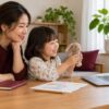 子どもがオンラインの先生におもちゃを見せる隣で見守る母親のイメージ（AI生成）