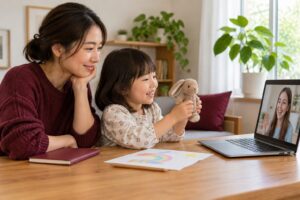 子どもがオンラインの先生におもちゃを見せる隣で見守る母親のイメージ（AI生成）
