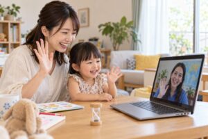短いオンライン英会話を終えて母親と一緒に手を振る幼児のイメージ（AI生成）